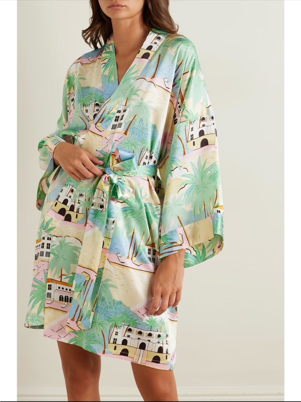 Olivia von Halle Pastel Palm-Print Satin Robe